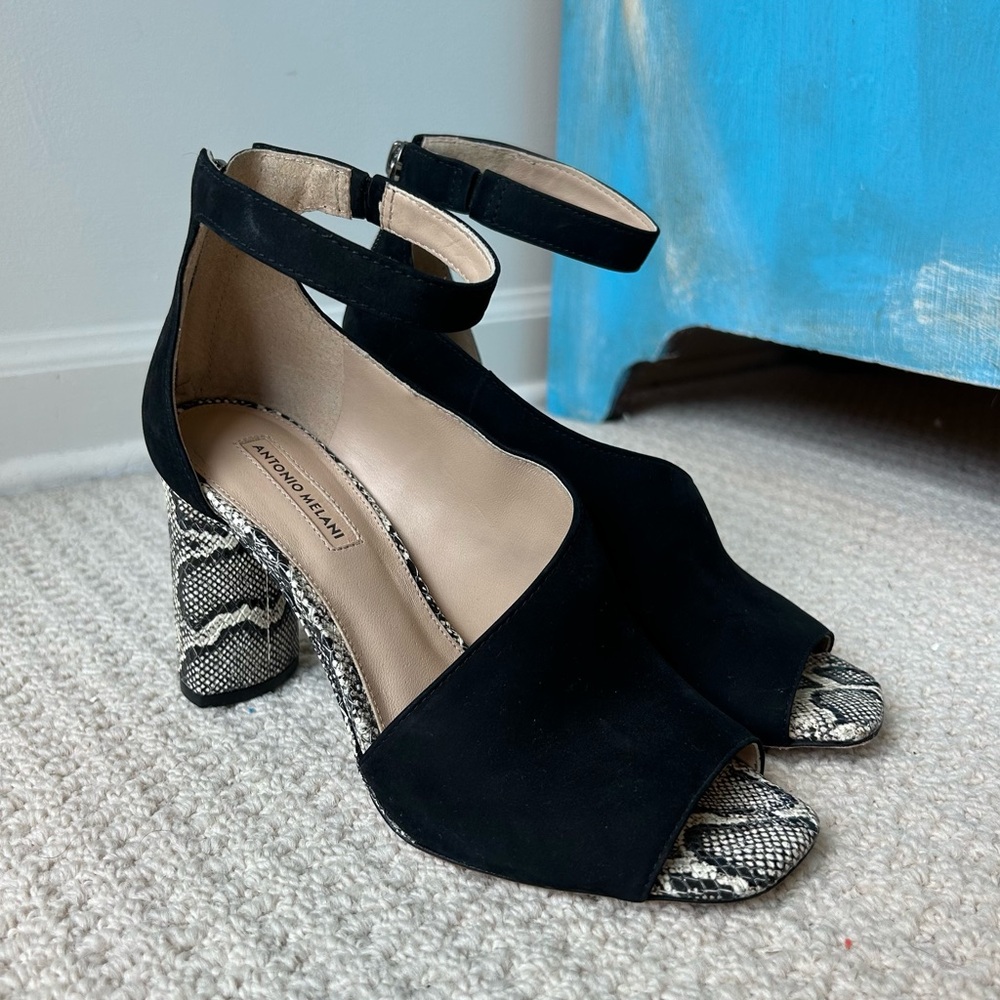 Antonio Melani Leather Black Ehren Snake Print Open Toe Heels